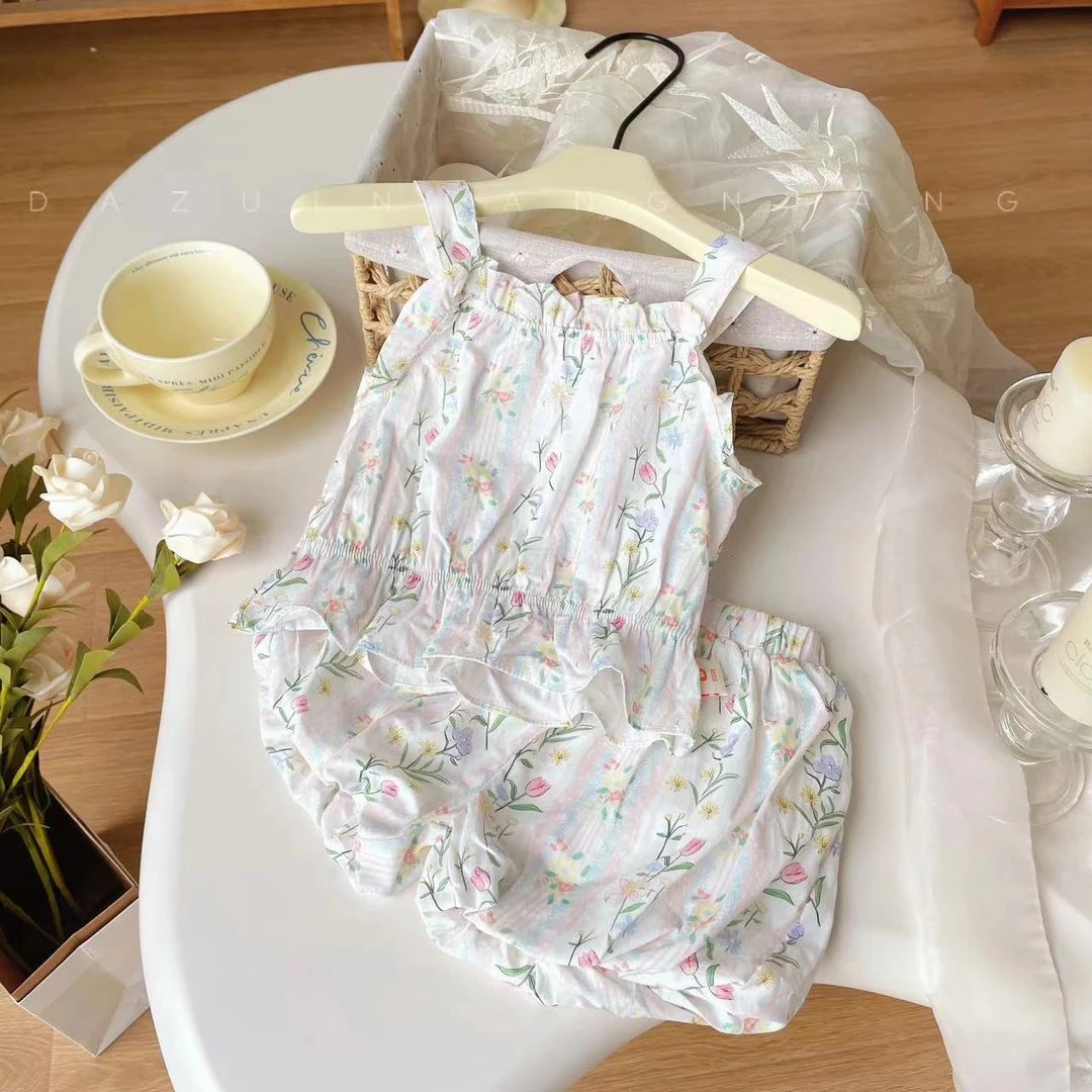 【现货】XT249662夏季新款儿童套装女童碎花清新两件套无袖女宝甜美
