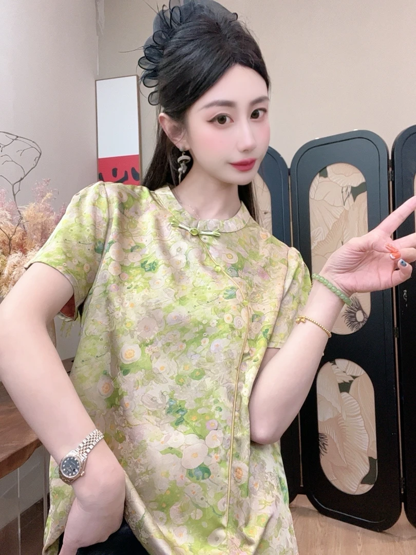 【青池】2025夏季新款百搭显瘦新中式短袖女日常宽松小清新