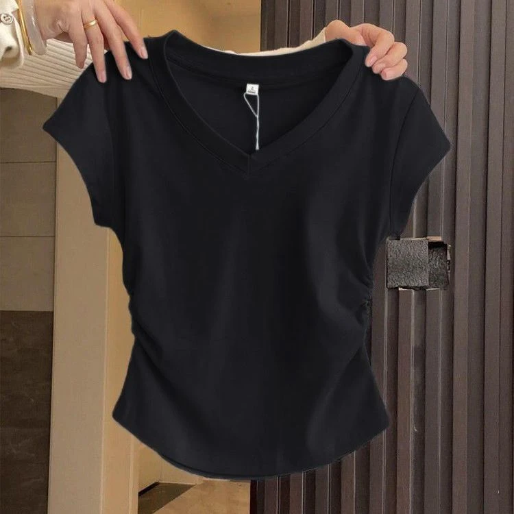 高个子加长款款V领宽松型常规款褶皱短袖T恤宽松黑色纯色外穿