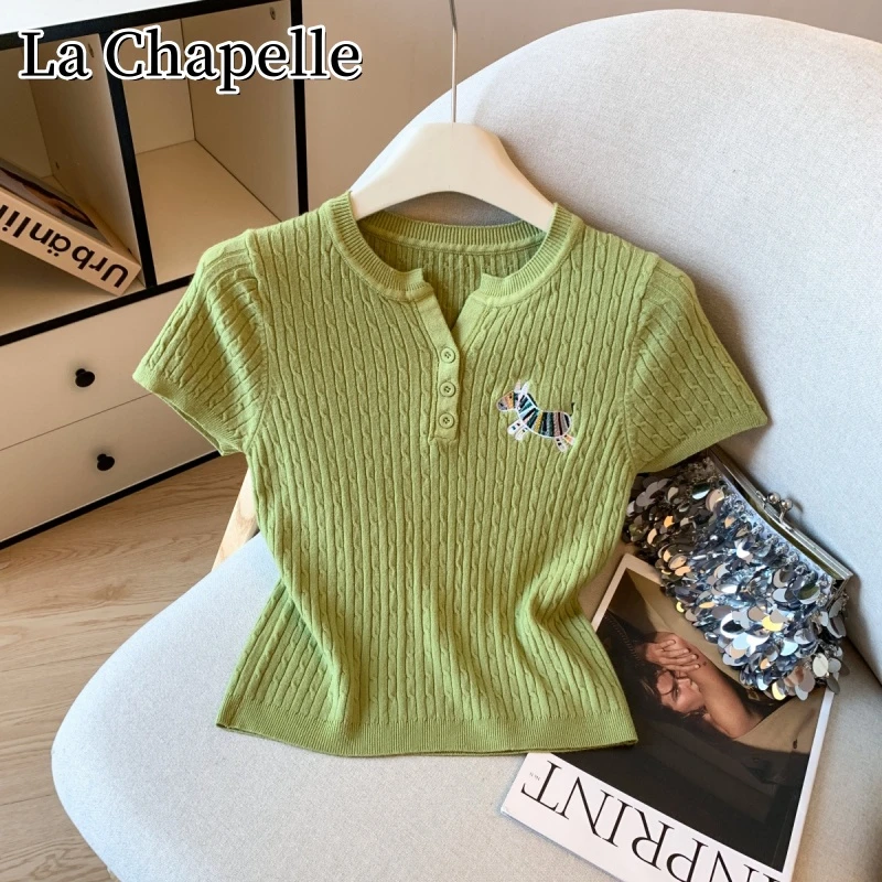 拉夏贝尔夏季新款刺绣麻花短袖针织衫女时尚百搭修身显瘦短袖上衣