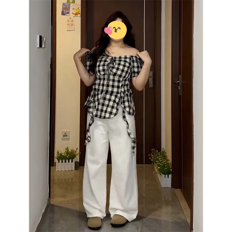 泡泡袖复古格子撞色衬衫女夏日漂亮小上衣不规则下摆飘带修身小衫