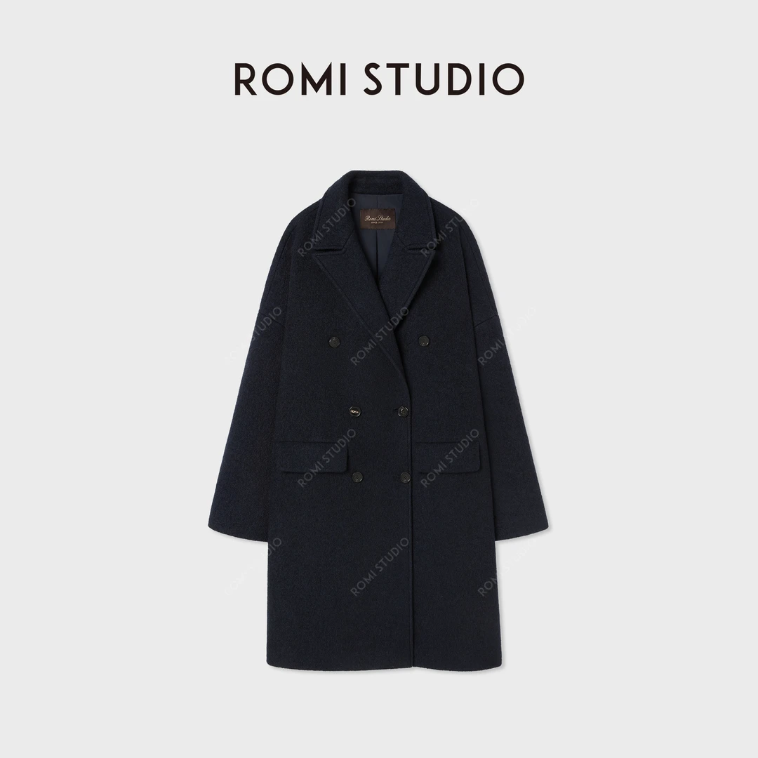 ROMI STUDIO“棕标甄选”100%绵羊毛双排扣宽松大衣外套RW24WWG0011