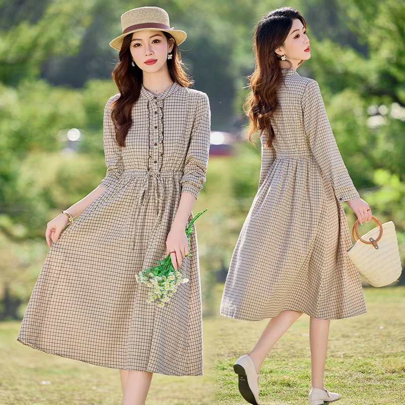 纯棉长袖连衣裙中长款2025新款女春秋洋气减龄显瘦减龄格子衬衫裙
