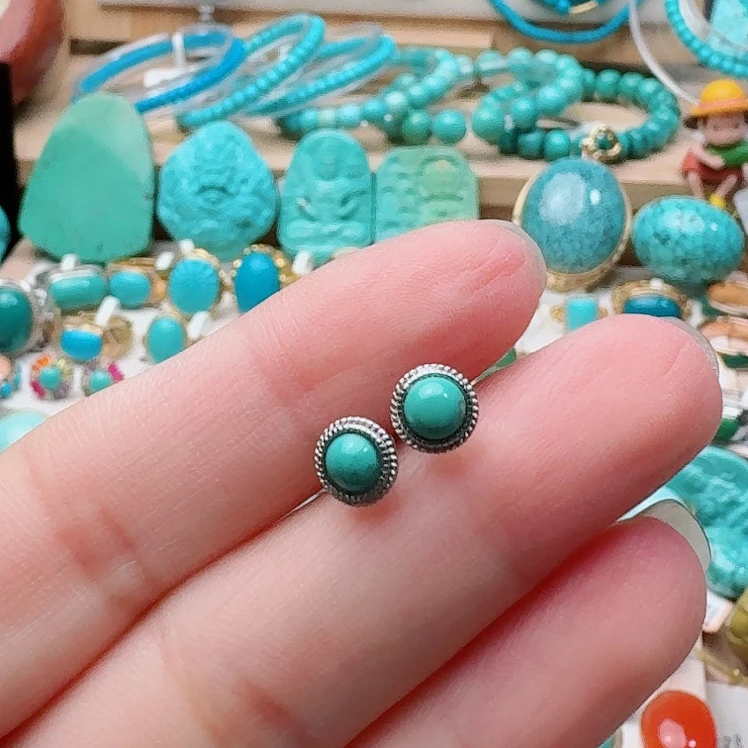 绿松石银S925镶嵌高瓷绿精品耳钉