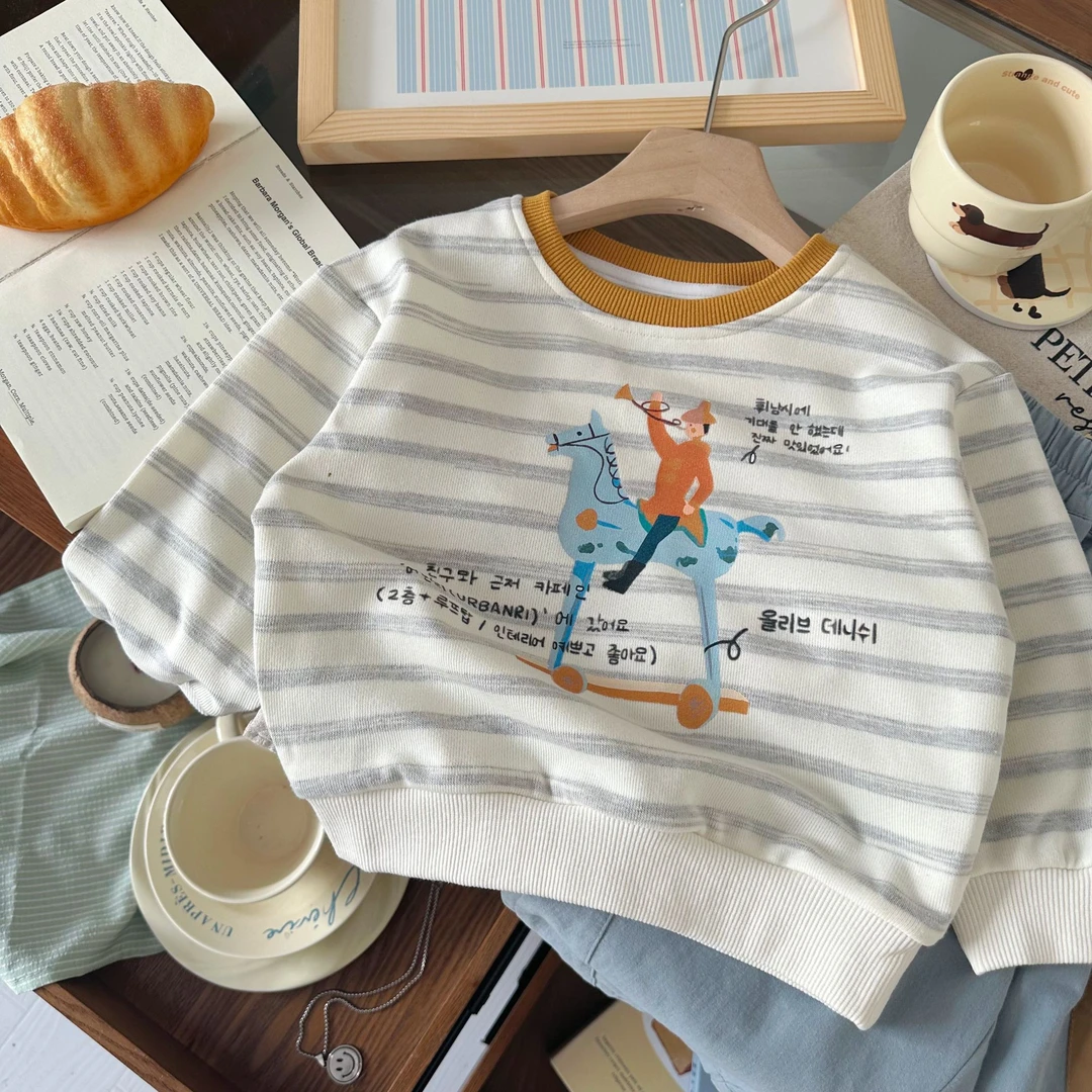 男小童2025秋新品骑士彩条撞色卫衣