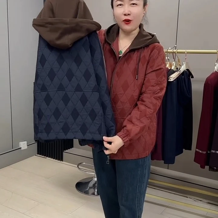 26019梵#大码秋冬时尚常规提花印花女士拉链连帽加厚上衣外套