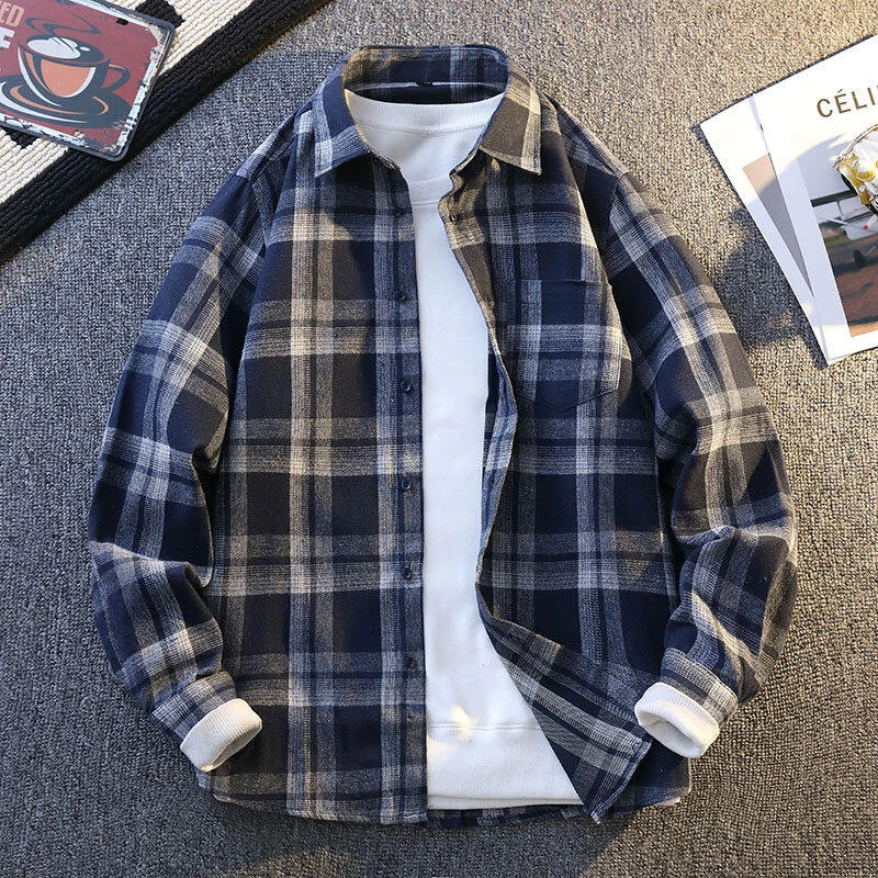 格子长袖青少年春季青年拼色衬衫男装学生外套上衣韩版秋季CS1919