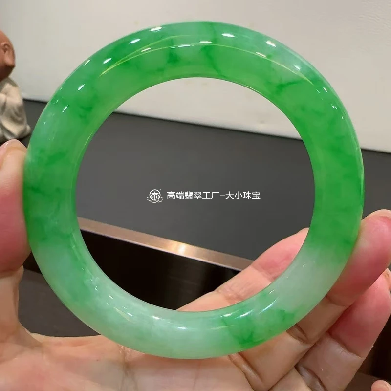 大小珠宝冰糯种金丝阳绿天然翡翠手镯圆条57.5冰阳绿缅甸翡翠玉镯