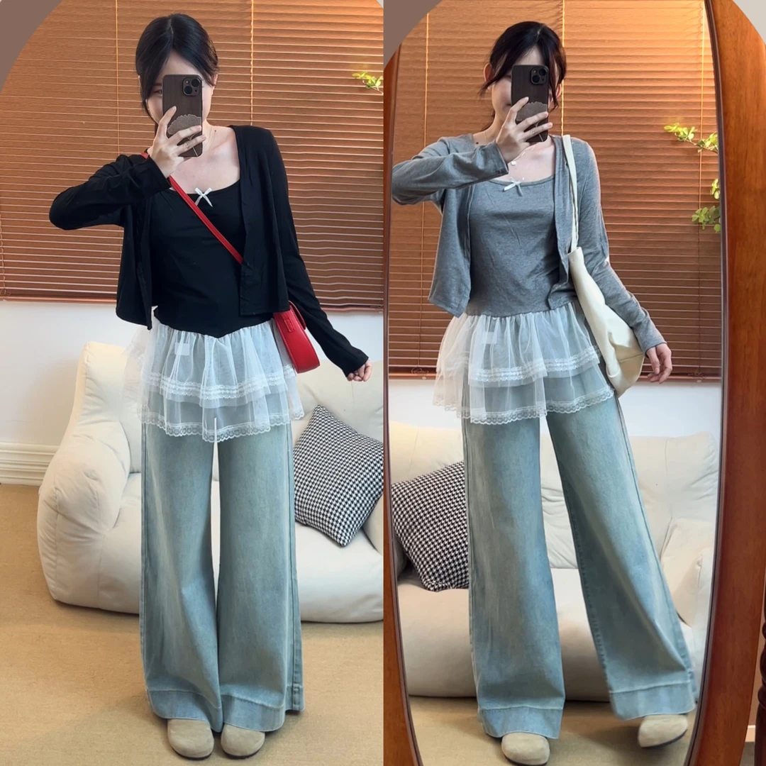 2025春装新款韩版甜美气质蕾丝拼接吊带背心显瘦开衫两件套535