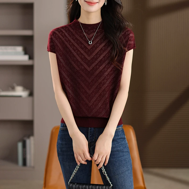 春秋复古圆领百搭针织镂空短袖T恤女242-6602