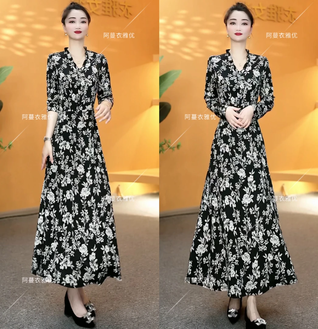 【衣雅严选】8105-727# 新品长袖弹力缎面气质显瘦显高长款连衣裙