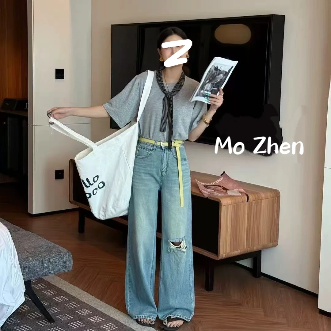 【墨臻严选】夏季新款水洗破洞黄色皮带宽松阔腿牛仔裤 71878