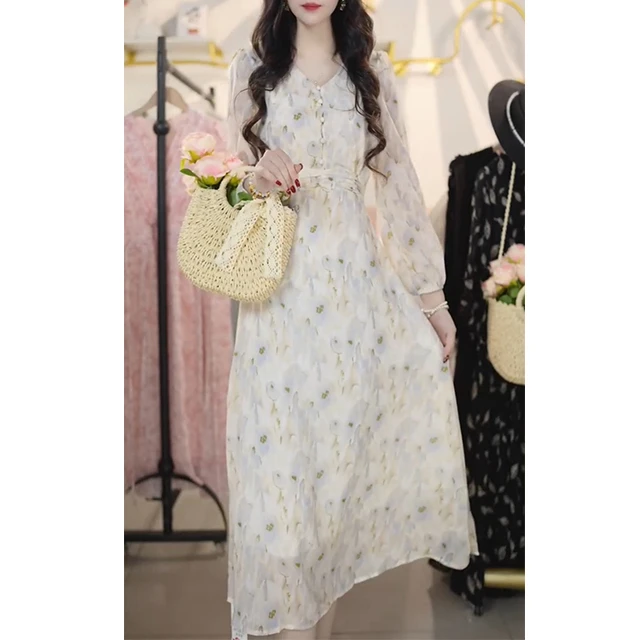 L7250法式碎花连衣裙女2025夏新款气质高级感收腰显瘦中长款裙子