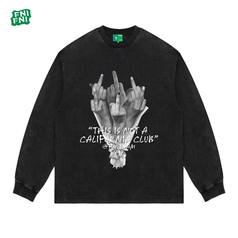 FNI国潮重磅纯棉（中指花束）男女同款t恤美式复古圆领长袖新款直喷