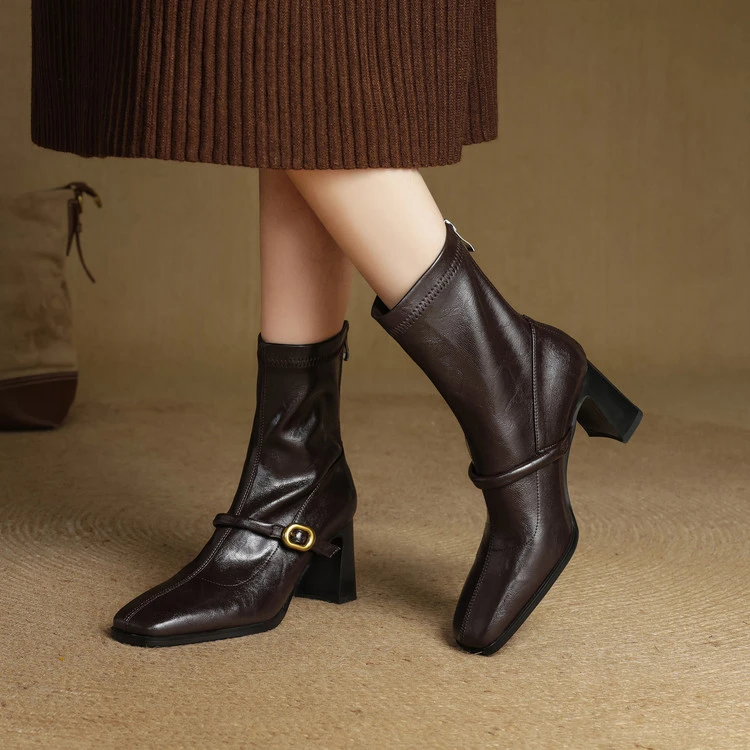 2025时装靴牛皮瘦瘦靴粗跟短靴复古中跟方头秋冬弹力韩系女靴1310