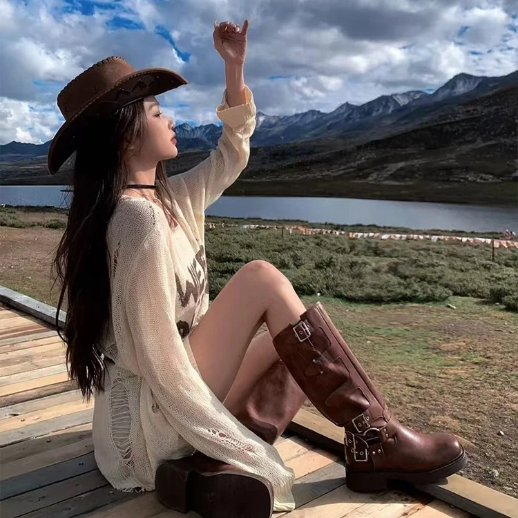 【现货专属】易梦0同款miu家同款朋克扣机车西部牛仔长筒靴西部靴