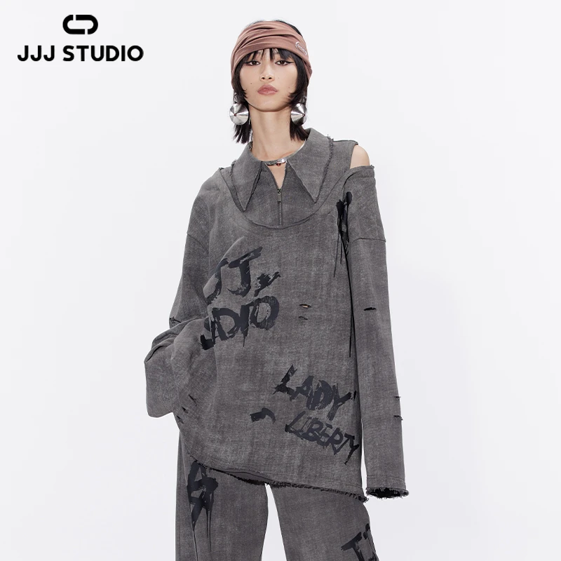 JJJ STUDIO 铁灰色做旧拼接露肩破洞设计感外套配:假领JLWSA1N033