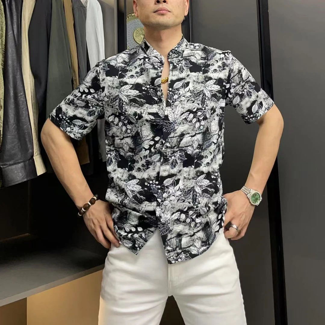 2025夏季新款轻薄男士百搭国潮个性半袖短袖时尚花衬衫衬衣25083