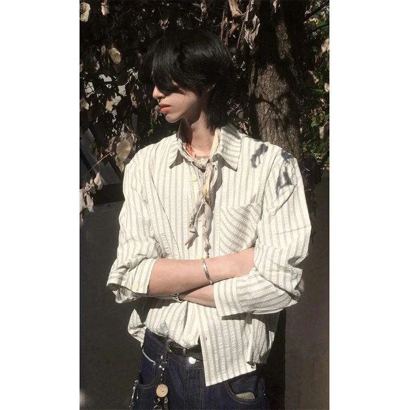 美式条纹长袖衬衫男款秋季高智感穿搭正肩衬衣cleanfit泡泡纱外套