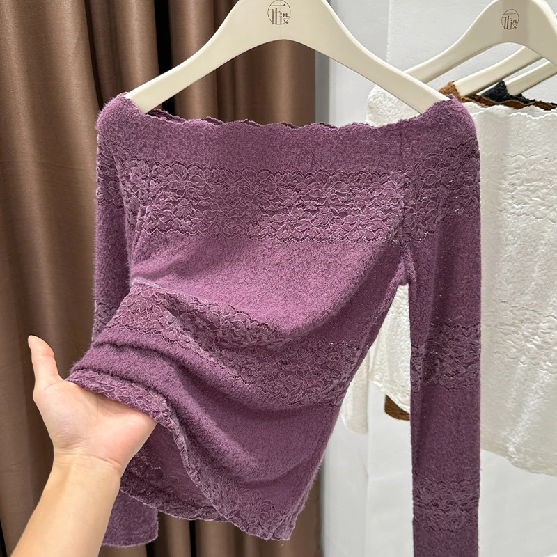 紫色洋气长袖磨毛蕾丝上衣女2025秋季新款氛围感减龄一字领打底衫