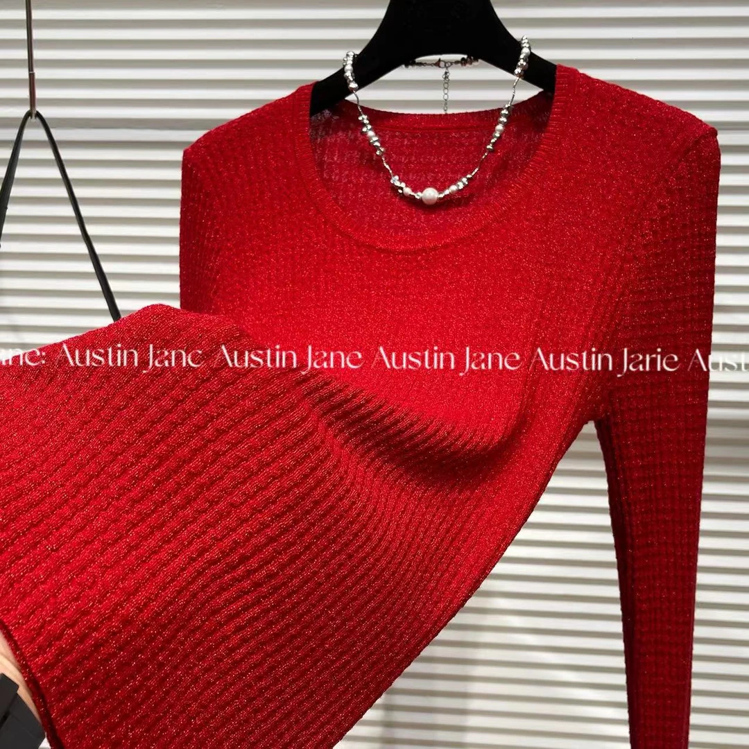 Jane Austin.(火花）2025年新款水晶纱线修身塑形时尚毛衣女