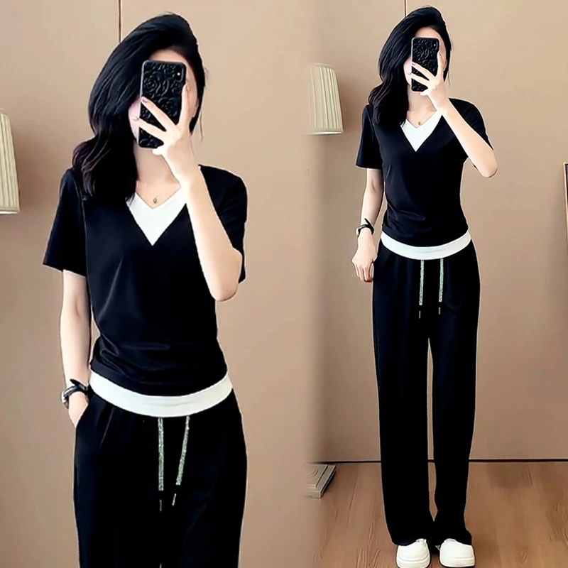 慵懒风休闲减龄运动服套装女2026夏季新款假两件上衣阔腿裤两件套