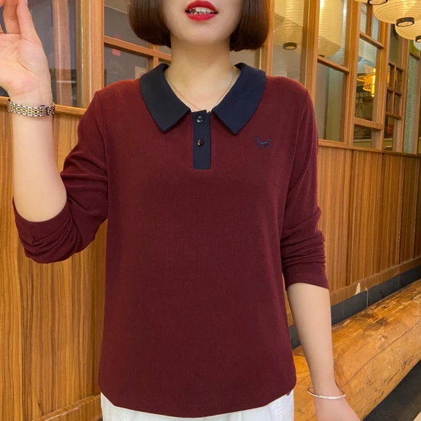秋季妈妈装减龄长袖衬衫2025新款宽松翻领大码T恤女装打底衫