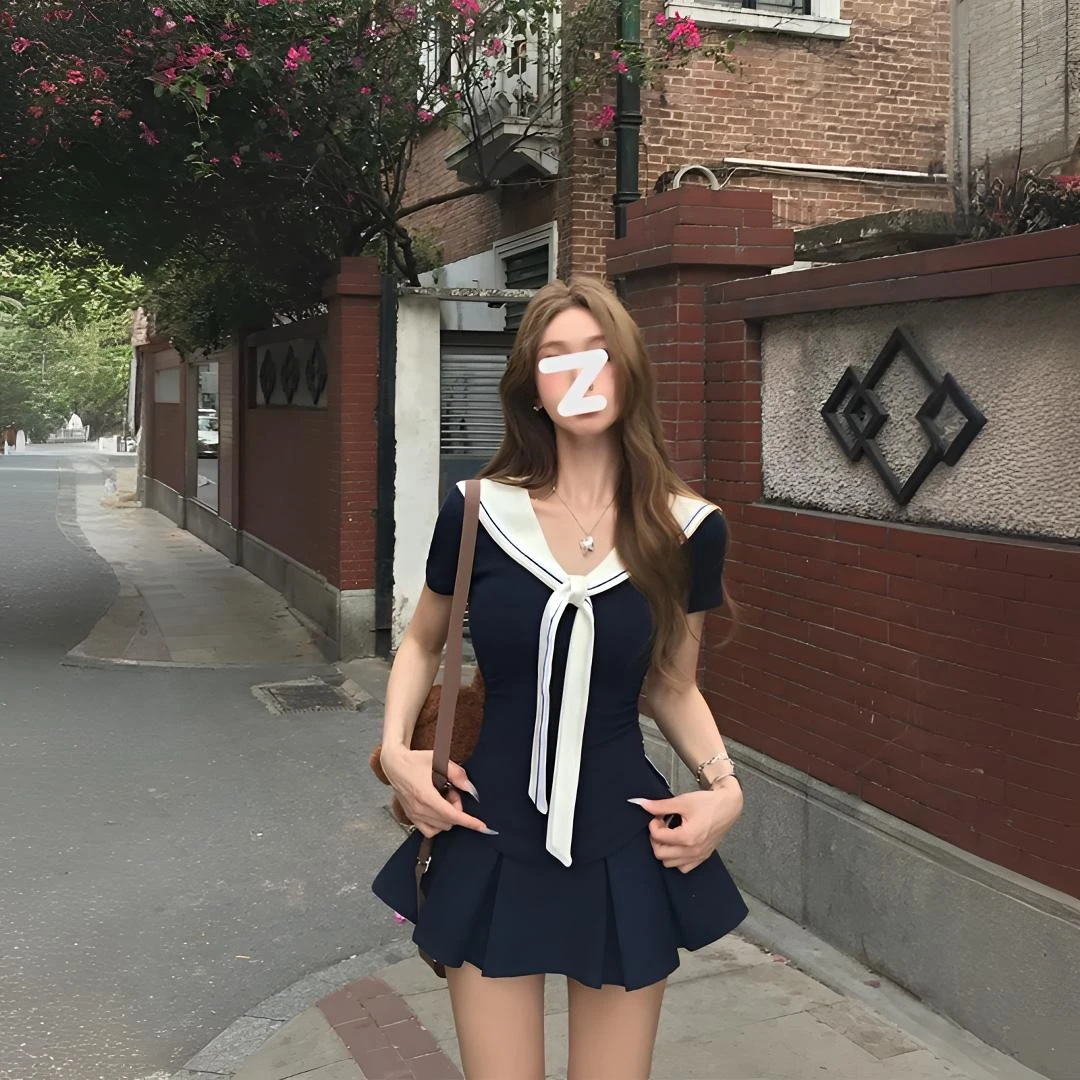 辣妹设计感半身裙两件套女气质海军领修身披肩短袖长袖藏青色短裙