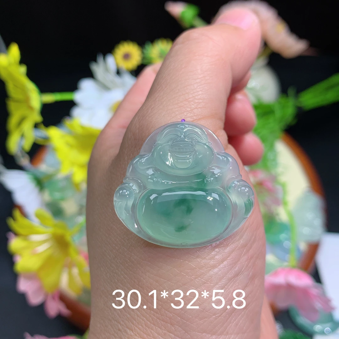 缅甸翡翠A货冰种飘花佛公精美玉石水润精致百搭挂件颈饰未镶嵌冰