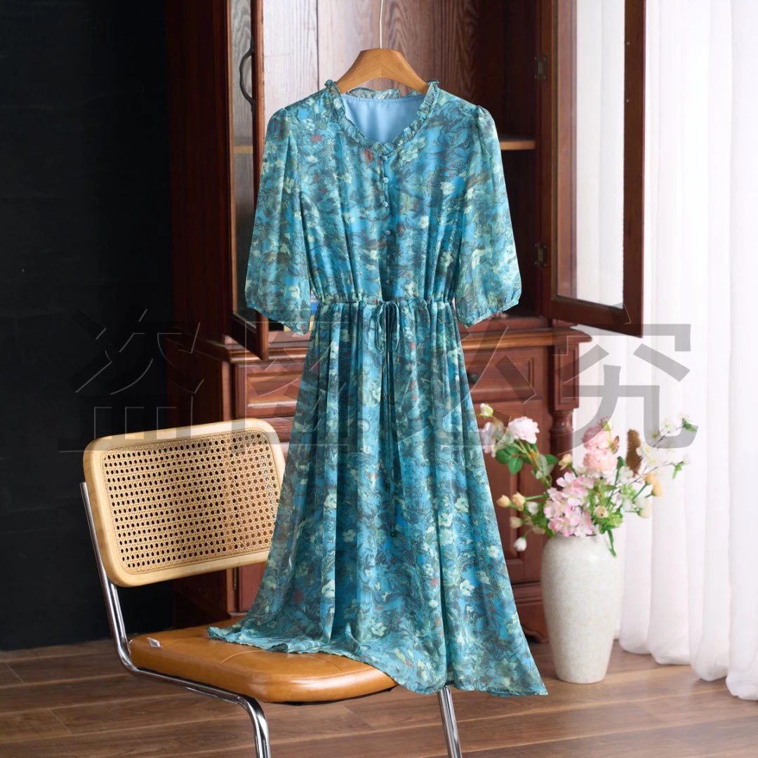 （繁花）2025年秋季蚕丝圆领扎染印花高腰显高显瘦时尚气质连衣裙