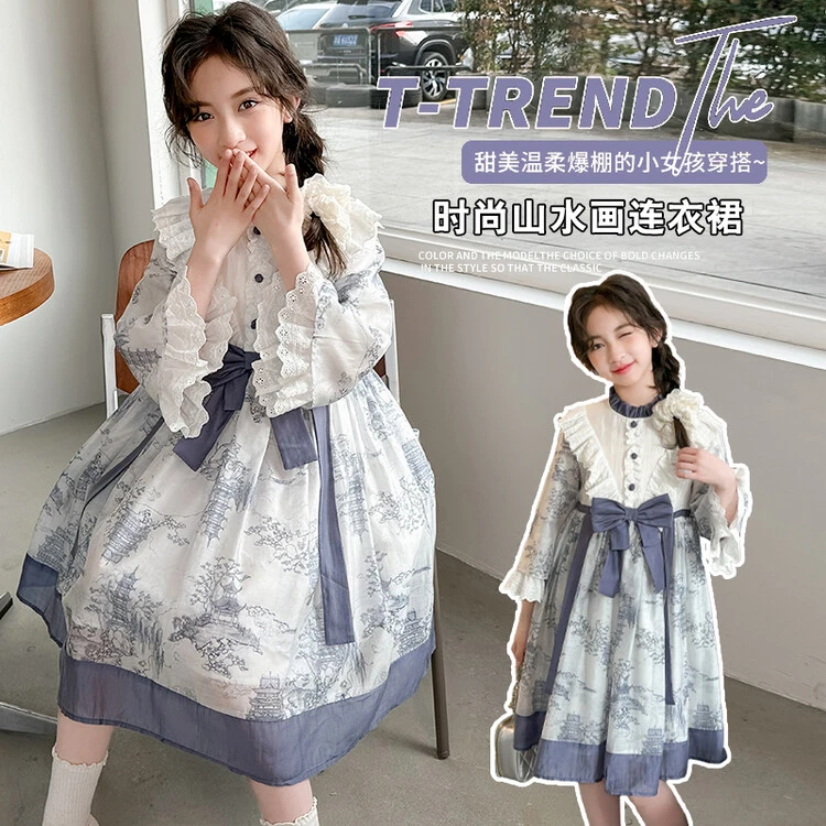 女小童洛丽塔公主裙春秋宝宝水墨画连衣裙2025新款女孩新中式裙子