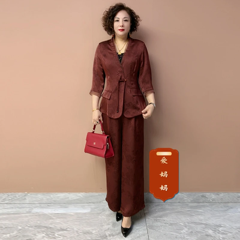 H夏季舒适桑蚕丝贵夫人真丝套装高端西服外套阔腿裤大码两件套