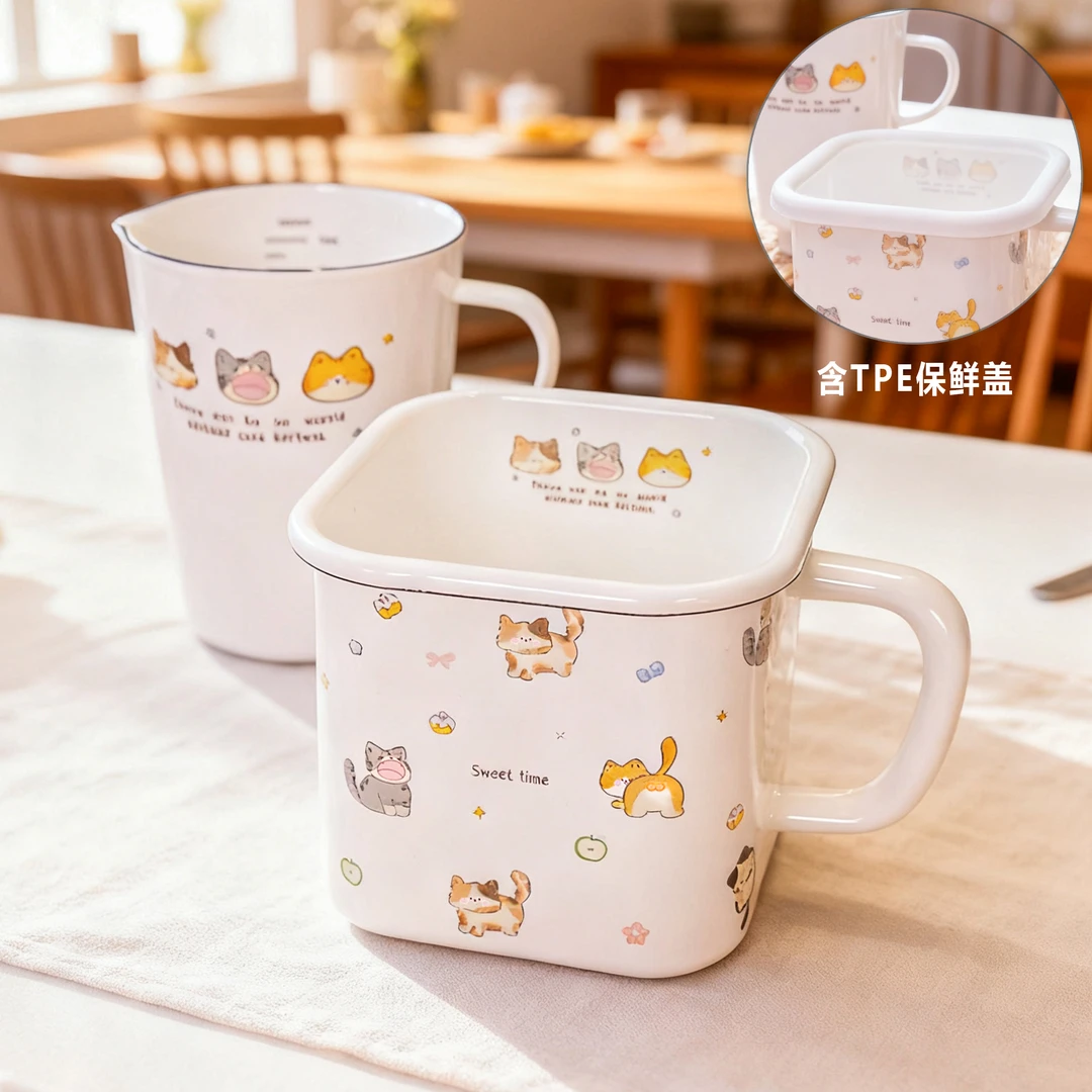 叮当小猫搪瓷玻璃釉加厚料理杯方杯泡面碗杯刻度量杯电磁炉燃气用