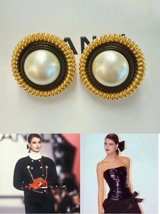 95新 Chanel/香奈儿 Chanel vintage香奈儿中古黑金珍珠耳夹