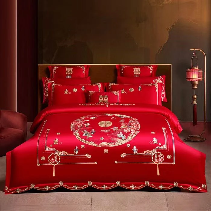 尾单。中式风120支长绒棉重工刺绣婚庆款结婚