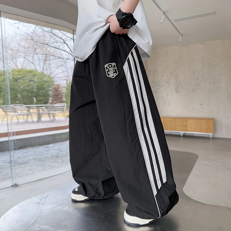 夏季薄款直筒阔腿裤男童裤子2025新款中大童夏装洋气拼接拉条长裤