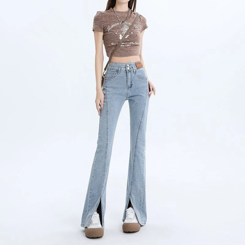 春夏新款开叉高腰弹力微喇裤弹力修身显瘦春夏款微喇叭牛仔裤