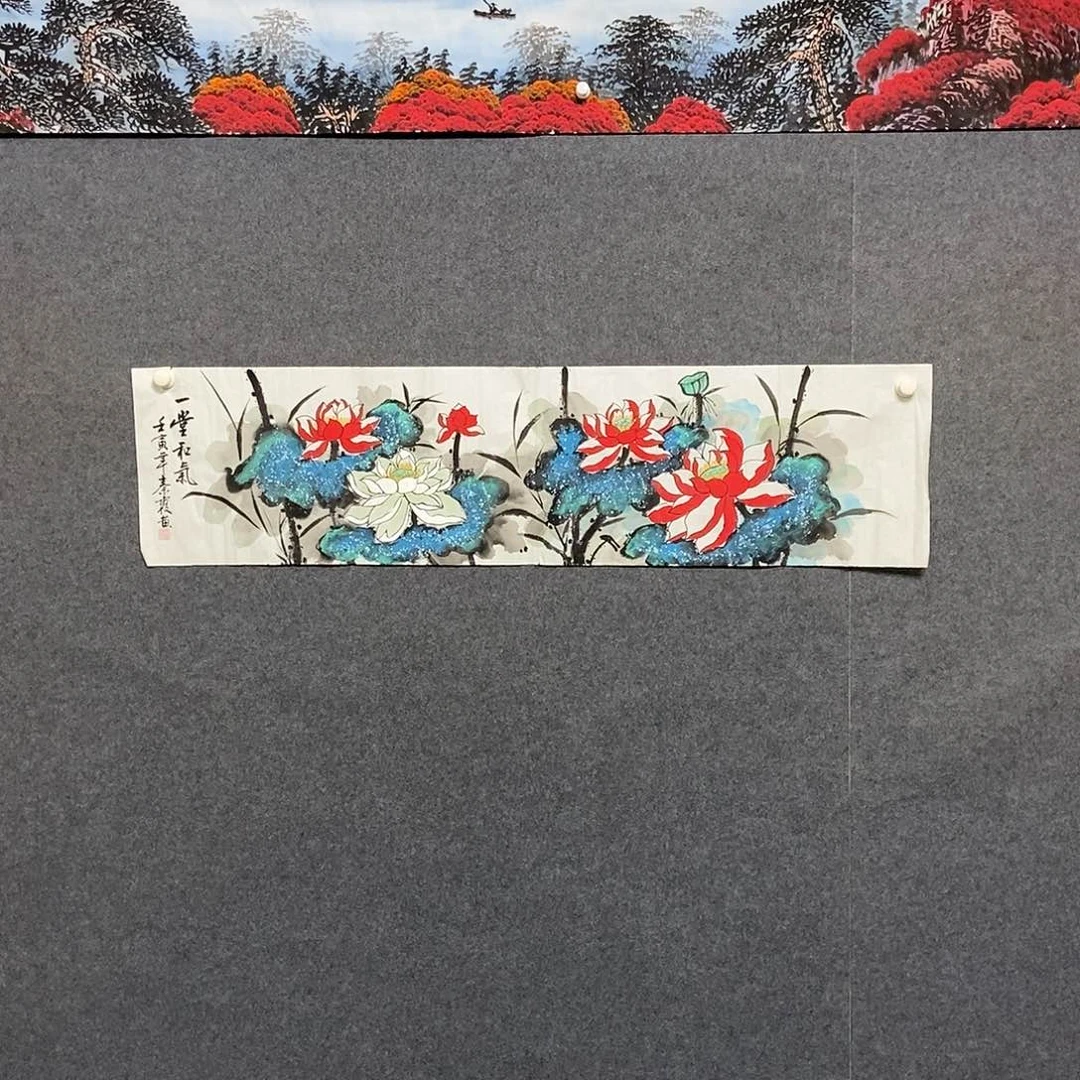 国画四尺对开荷花一副