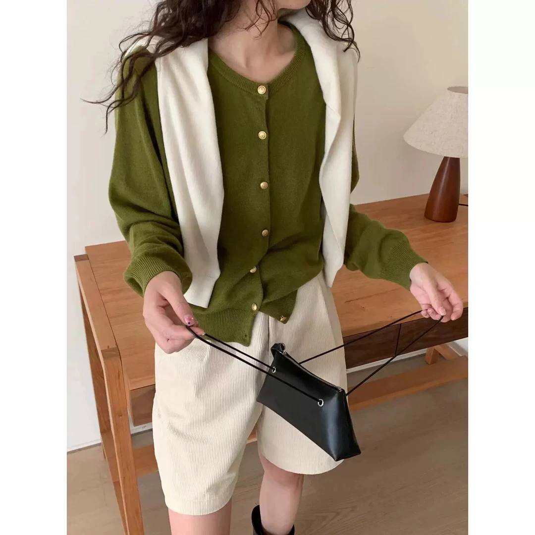 /棕绿开衫/简约纯色宽松圆领针织开衫女 93332