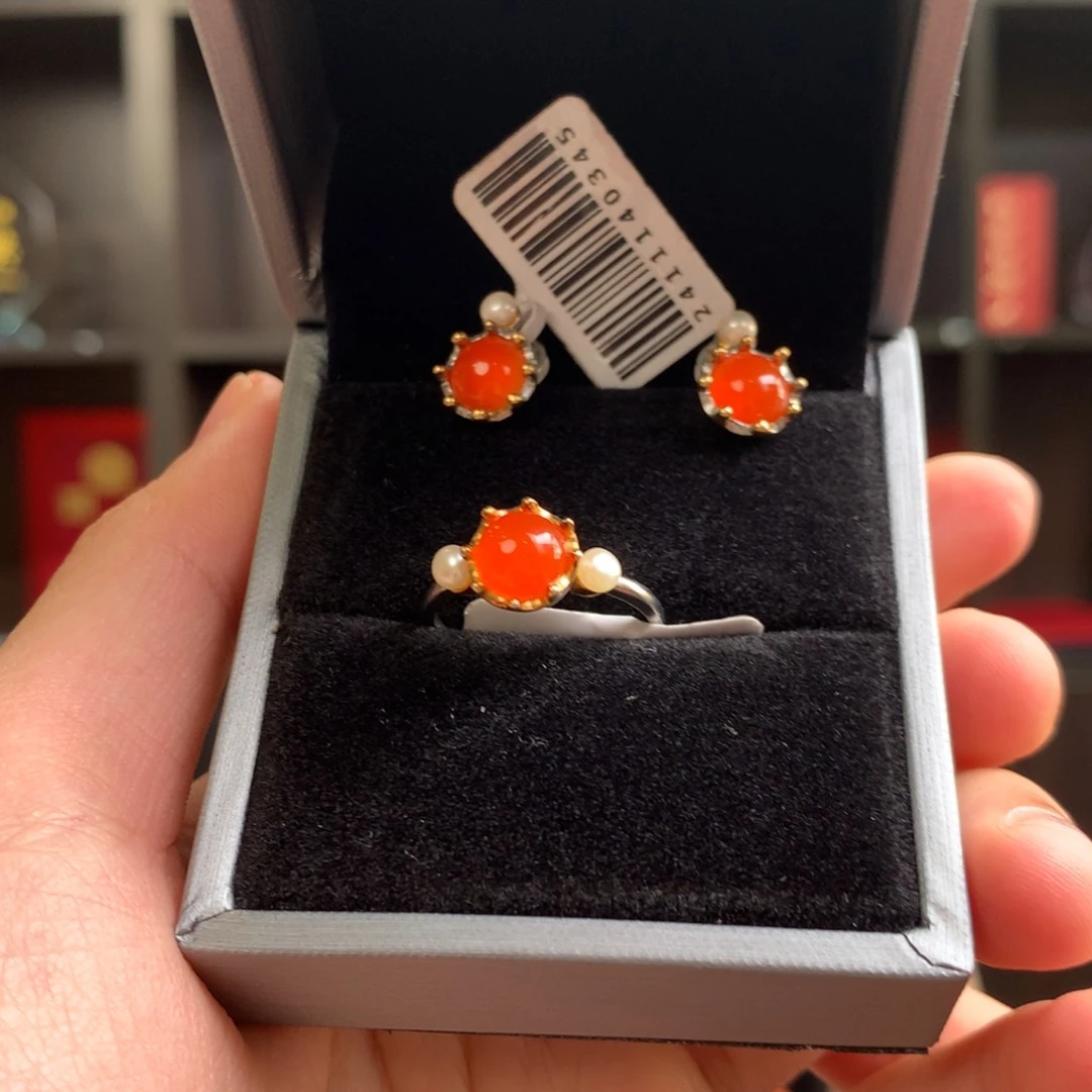 南红玛瑙套装未镶嵌冰红2件套