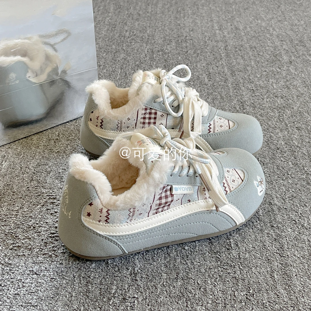 冬季加绒德训鞋女款爆款2025新款棉鞋二棉鞋厚底休闲板鞋毛毛鞋