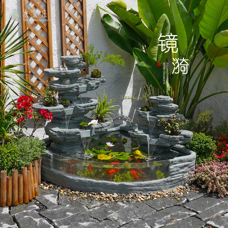 水景庄园户外庭院鱼缸循环水景观室外养鱼池假山流水喷泉造景布置