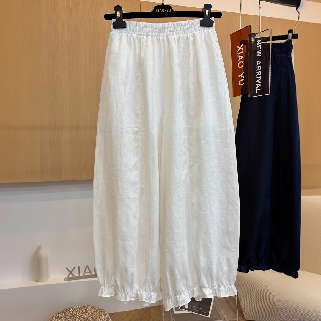 高端欧货夏款洋气时尚纯天丝棉麻花苞裤松紧腰宽松显瘦休闲裤女潮