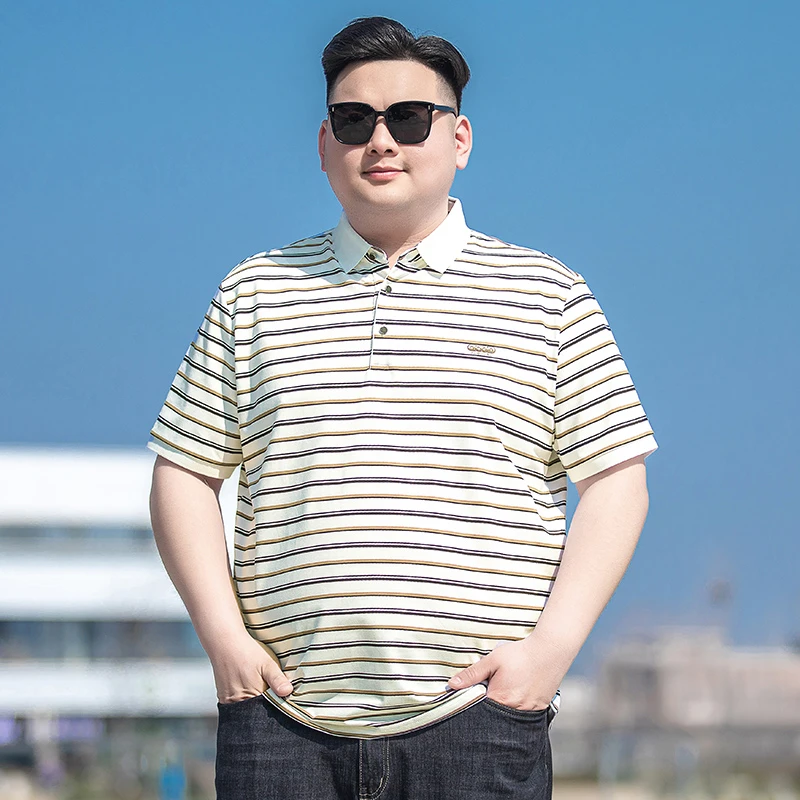 加肥加大条纹polo衫男夏季薄款棉质短袖T恤大码休闲翻领半袖体恤