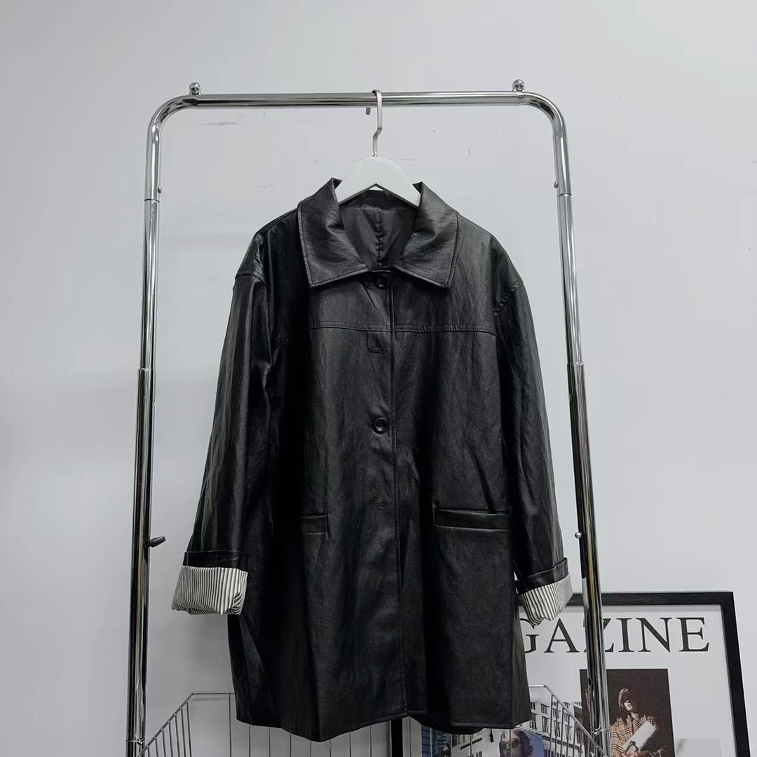 【雪儿推荐】88011-1潮牌设计师春季简约时尚西服领pu外套