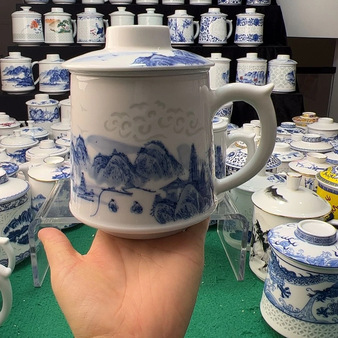 从***,景德镇手绘祥云山水办公杯