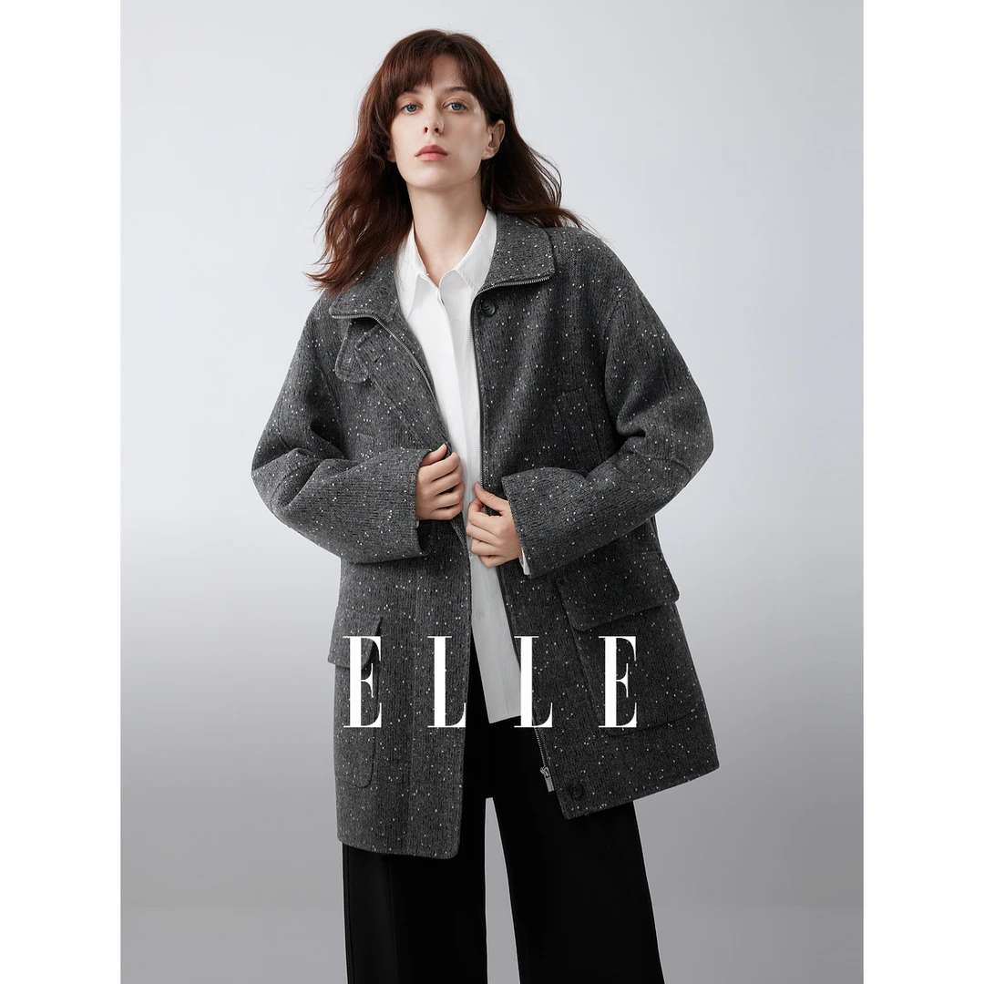 ELLE女装绵羊毛复古彩点双面呢大衣2025冬季新款毛呢外套EN52212