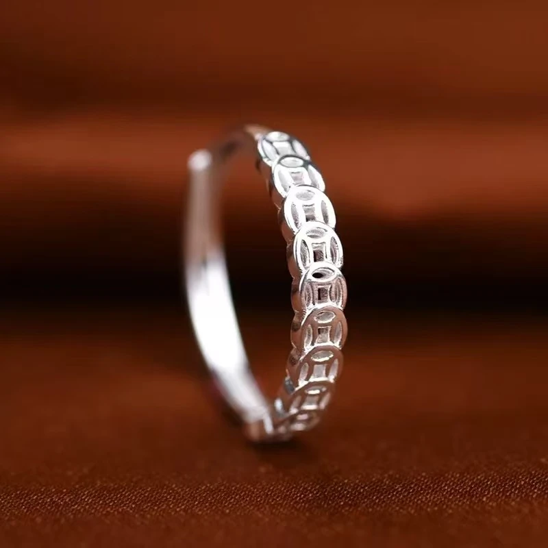 足银戒指 足银钱币戒指钱多多简约时尚铜钱调节实心