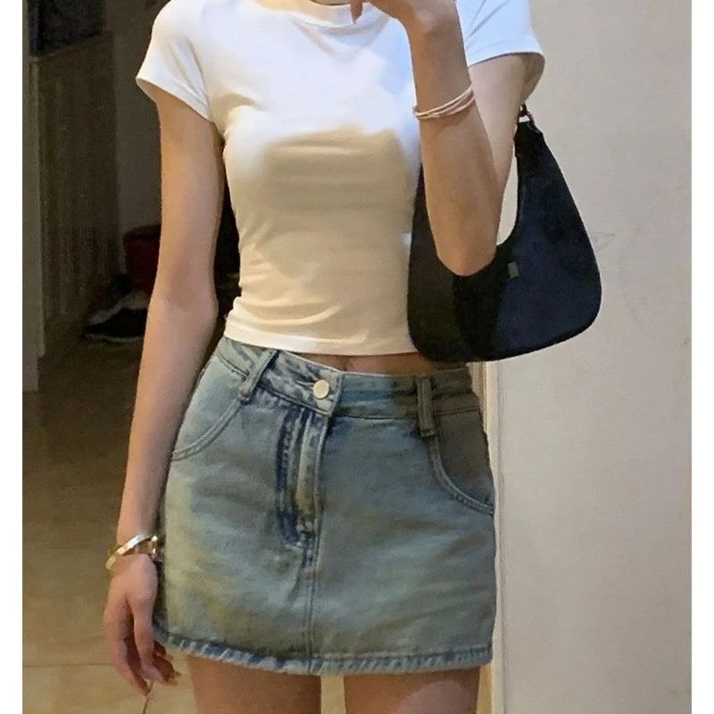 纯欲风圆领短款短袖t恤女春夏季高腰打底衫露肚显瘦脐甜辣短上衣