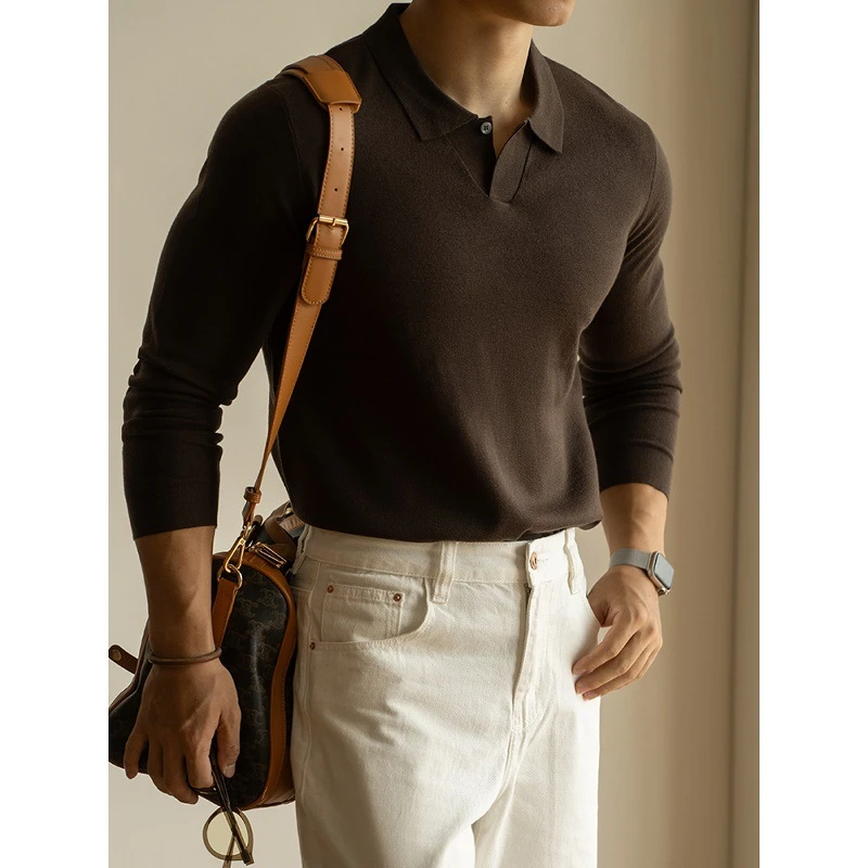 「轻奢蚕丝羊毛混纺」16针密织针织衫男士秋冬季休闲商务长袖T恤